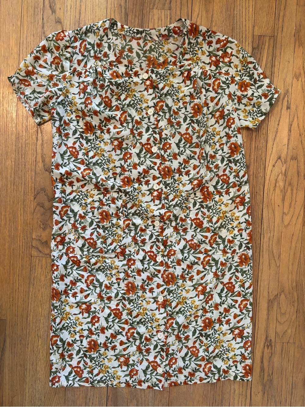 Vintage 60’s Floral Button-Front Shift Dress in Cream, Rust & Green Print - Picture 1 of 12